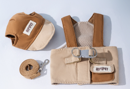 M Brown Pet Sun Hat with Adjustable Strap + Leash & Harness 3-Piece Set - Breathable Summer Cap for Dogs & Cats with Ear Holes