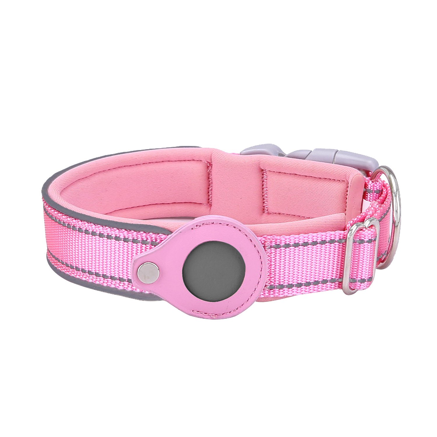 M Pink Secure Nylon Dog Collar with Built-in Apple AirTag (not included) Holder Case - Pet Tracker Accessory