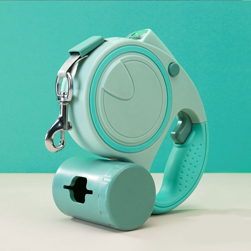 Green 3M Retractable Dog Leash - Built-in LED Light (No Batteries) and Bag Holder