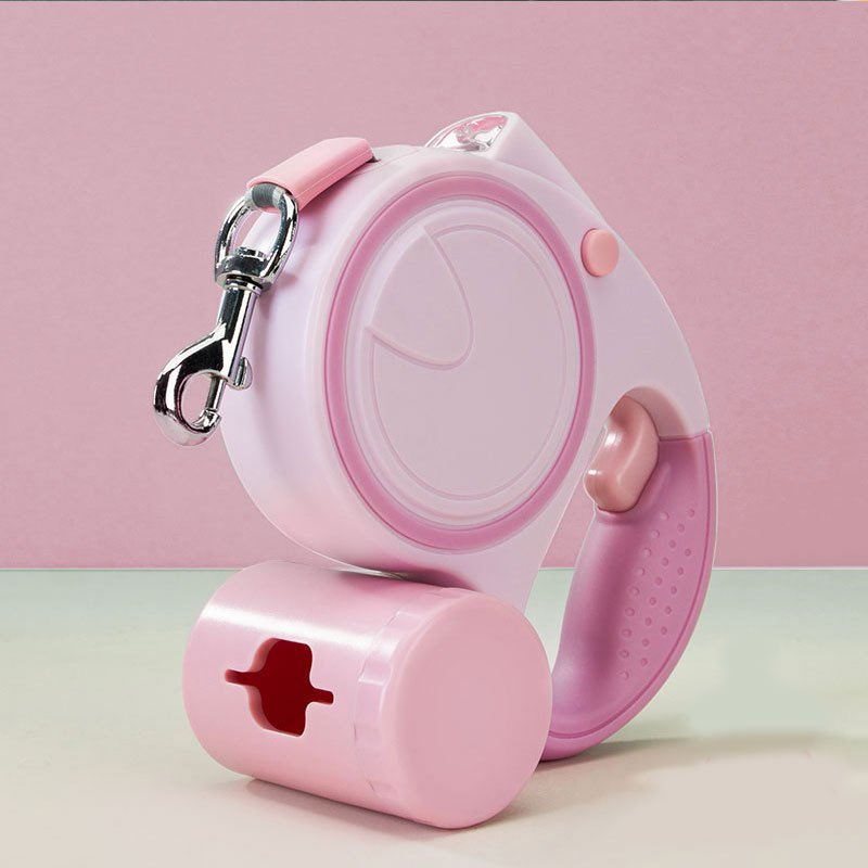 Pink 3M Retractable Dog Leash - Built-in LED Light (No Batteries) and Bag Holder