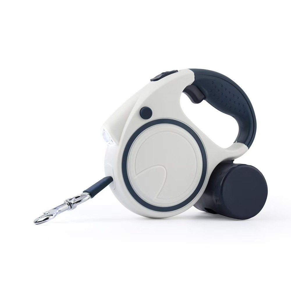 Blue and White 3M Retractable Dog Leash - Built-in LED Light (No Batteries) and Bag Holder