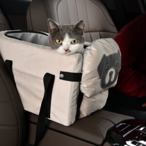 Beige Pet Car Booster Seat for Small Dogs & Cats - Safe Travel Carrier Bed