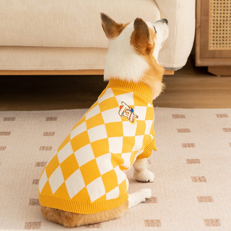 Classic Argyle Dog Sweater - Yellow & White Knit for Corgis & Medium Breeds (Size : XL)