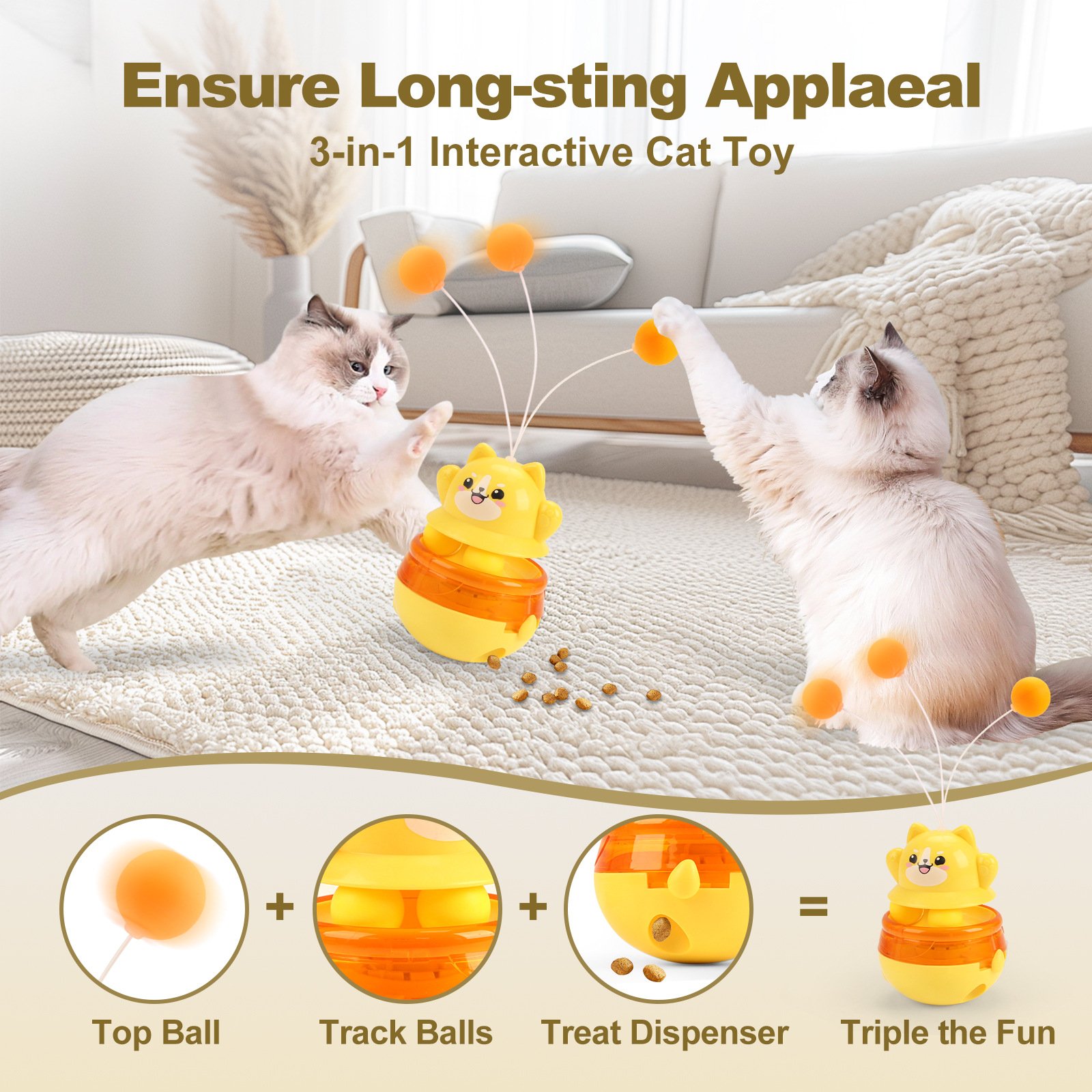 Yellow 3-in-1 Interactive Cat Toy - Tumbler, Treat Dispenser, Track & Teaser Ball - Image 2