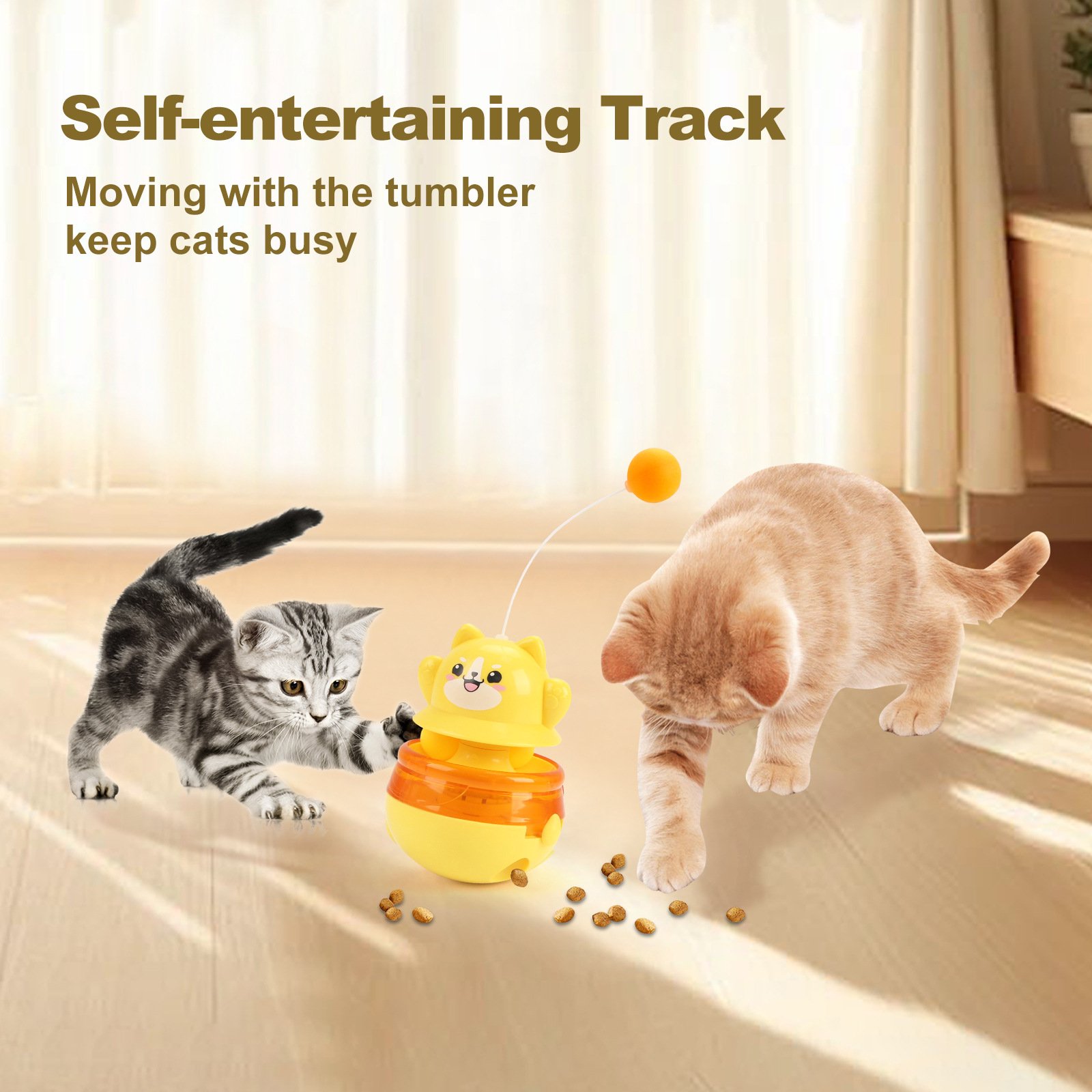 Yellow 3-in-1 Interactive Cat Toy - Tumbler, Treat Dispenser, Track & Teaser Ball - Image 5