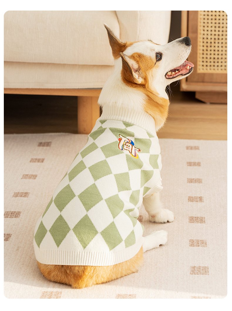 Classic Argyle Dog Sweater - Green & White Knit for Corgis & Medium Breeds (Size : XL)