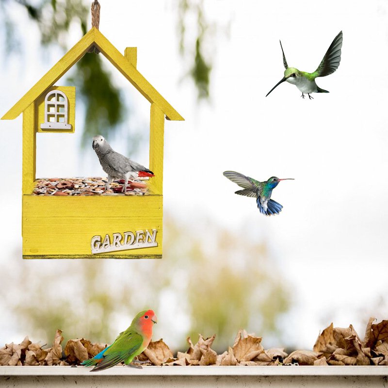 Yellow Charming Wooden House Hanging Bird Feeder - Attract Wild Birds to Your Garden - Image 3