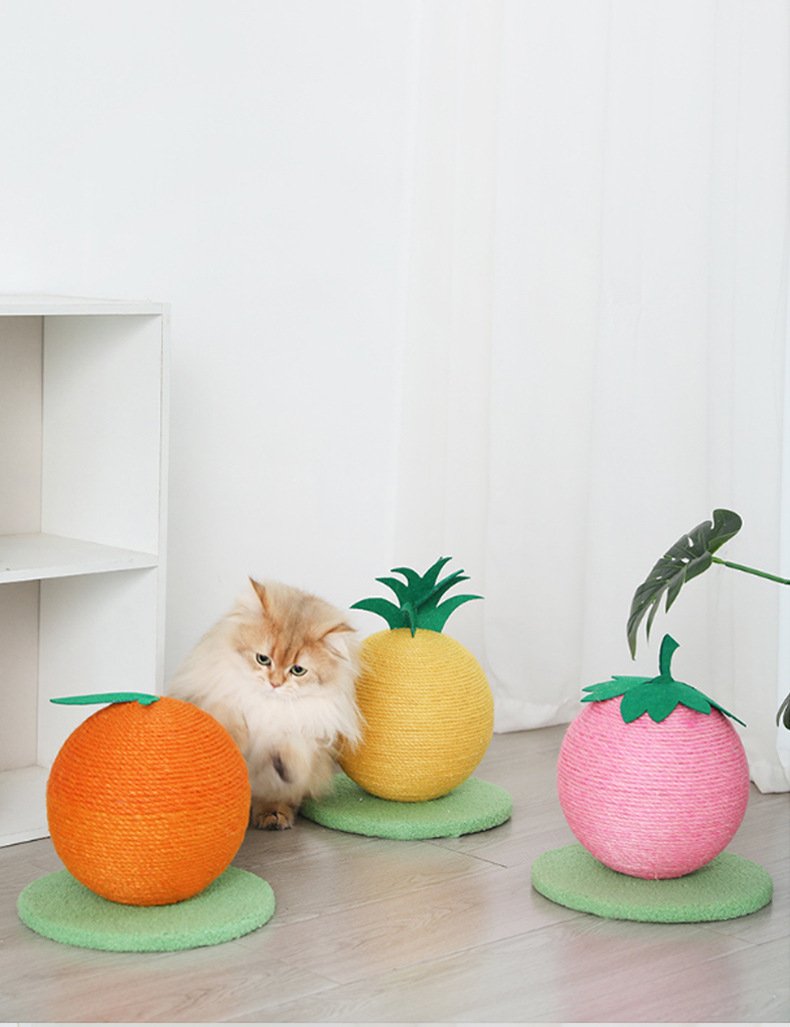 Pink Strawberry And Green Base Fun Fruit Shaped Sisal Cat Scratcher Ball - Durable Scratching Toy with Stable Base - Image 3