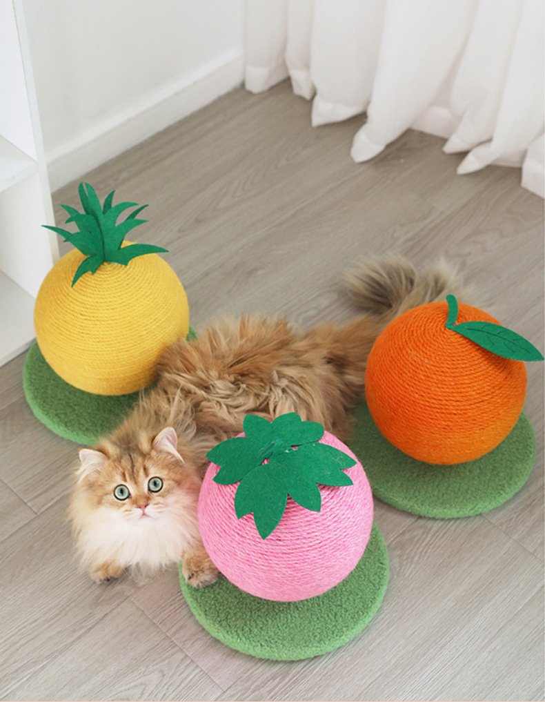 Pink Strawberry And Green Base Fun Fruit Shaped Sisal Cat Scratcher Ball - Durable Scratching Toy with Stable Base - Image 4