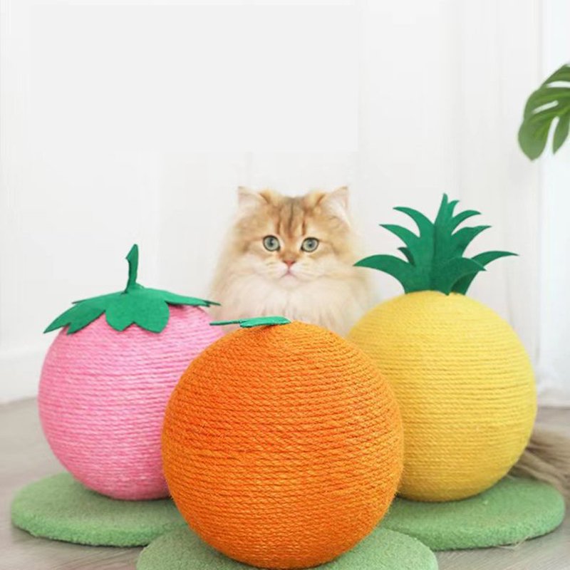 Pink Strawberry And Green Base Fun Fruit Shaped Sisal Cat Scratcher Ball - Durable Scratching Toy with Stable Base - Image 5