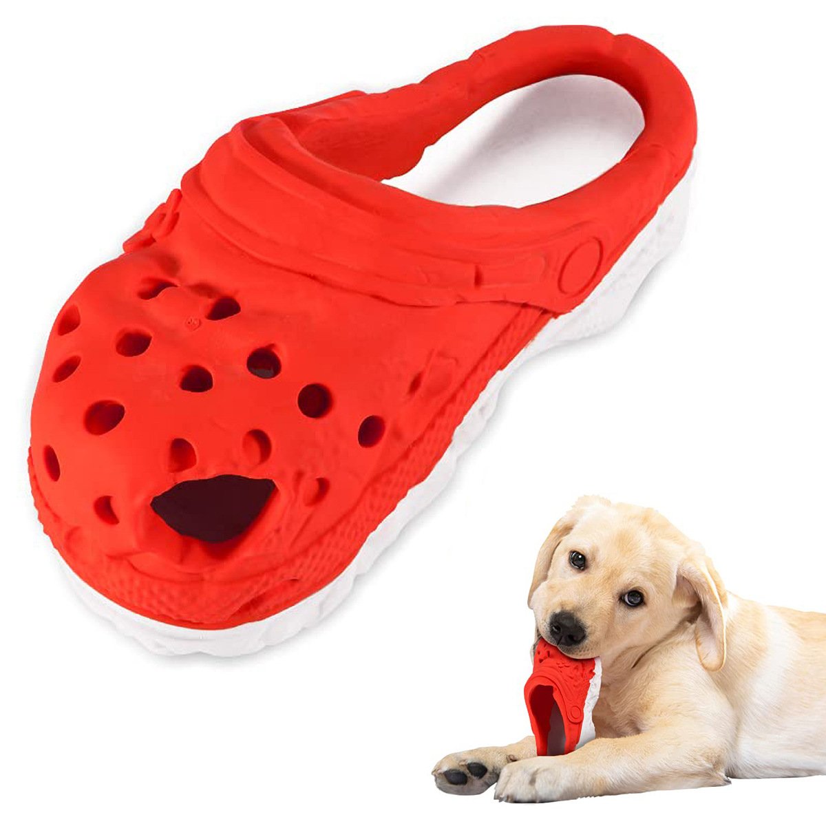 Size L Red Tough Slipper Dog Chew Toy - Natural Rubber Treat Dispenser & Teeth Cleaner for Interactive Play & Boredom Relief