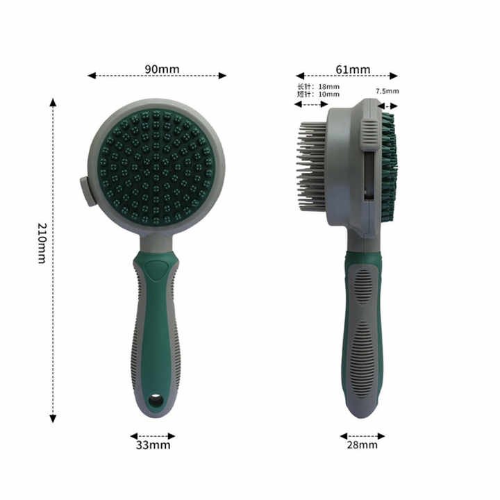 Green And Grey Dual-Sided Pet Grooming Brush - Self-Cleaning Slicker & Gentle Massage Bath Comb for Dogs & Cats - Image 2