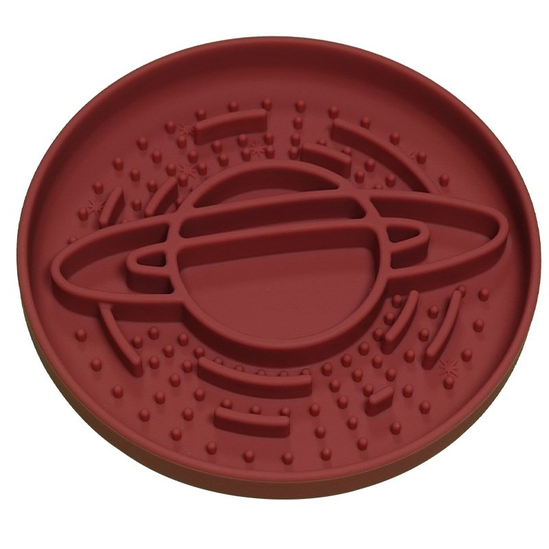 Dark Red Silicone Planet Slow Feeder Dog Bowl - 2-in-1 Anti-Choke Lick Mat for Healthy Eating & Fun