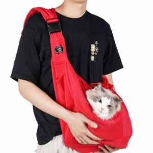 Red Breathable Pet Sling Carrier for Small Dogs & Cats - Adjustable Hands-Free Travel Pouch with Safety Leash & Pocket