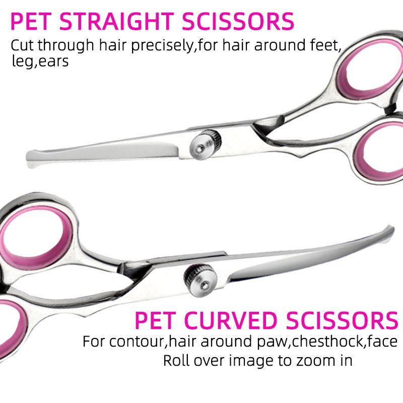 Pink and Silver Complete 5-Piece Pet Grooming Scissors Kit - Stainless Steel Straight, Curved & Thinning Shears with Comb & PU Case (6.0 Inch) - Image 2