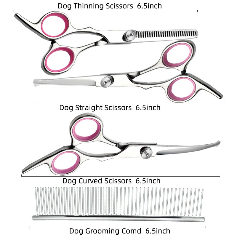 Pink and Silver Complete 5-Piece Pet Grooming Scissors Kit - Stainless Steel Straight, Curved & Thinning Shears with Comb & PU Case (6.0 Inch) - Image 3