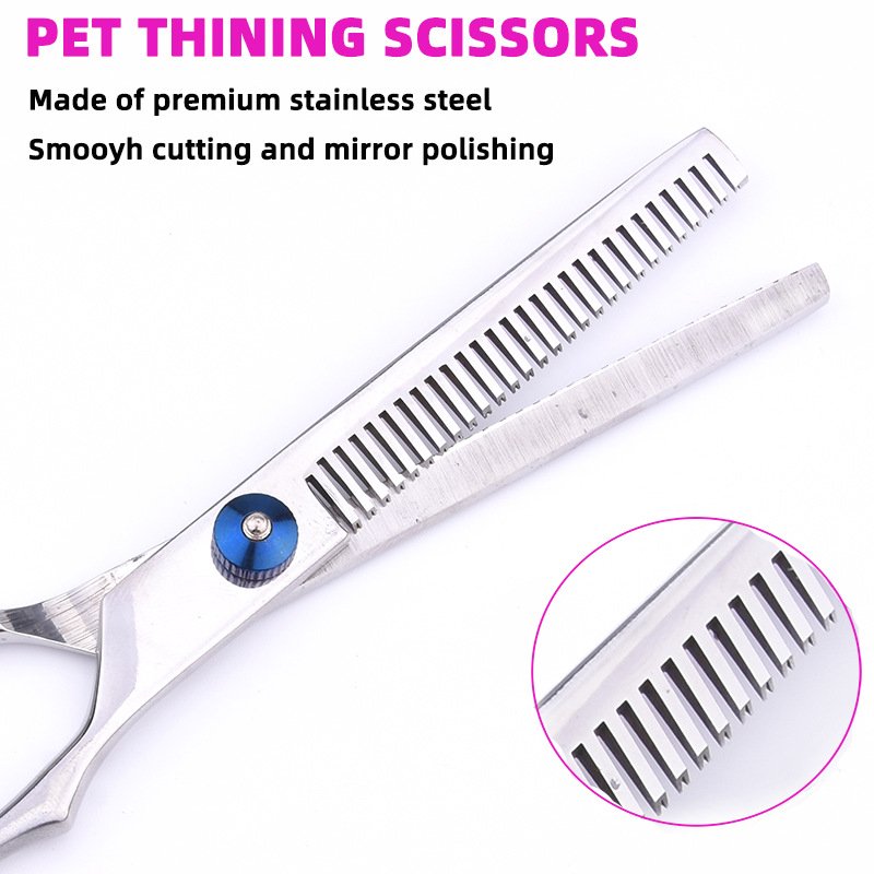 Pink and Silver Complete 5-Piece Pet Grooming Scissors Kit - Stainless Steel Straight, Curved & Thinning Shears with Comb & PU Case (6.0 Inch) - Image 4
