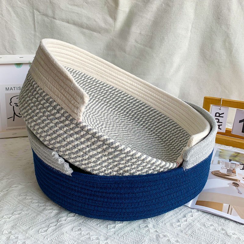 Blue and White Chic Two-Tone Woven Cotton Rope Cat Bed - Cozy Handmade Pet Nest & Storage Basket - Image 2