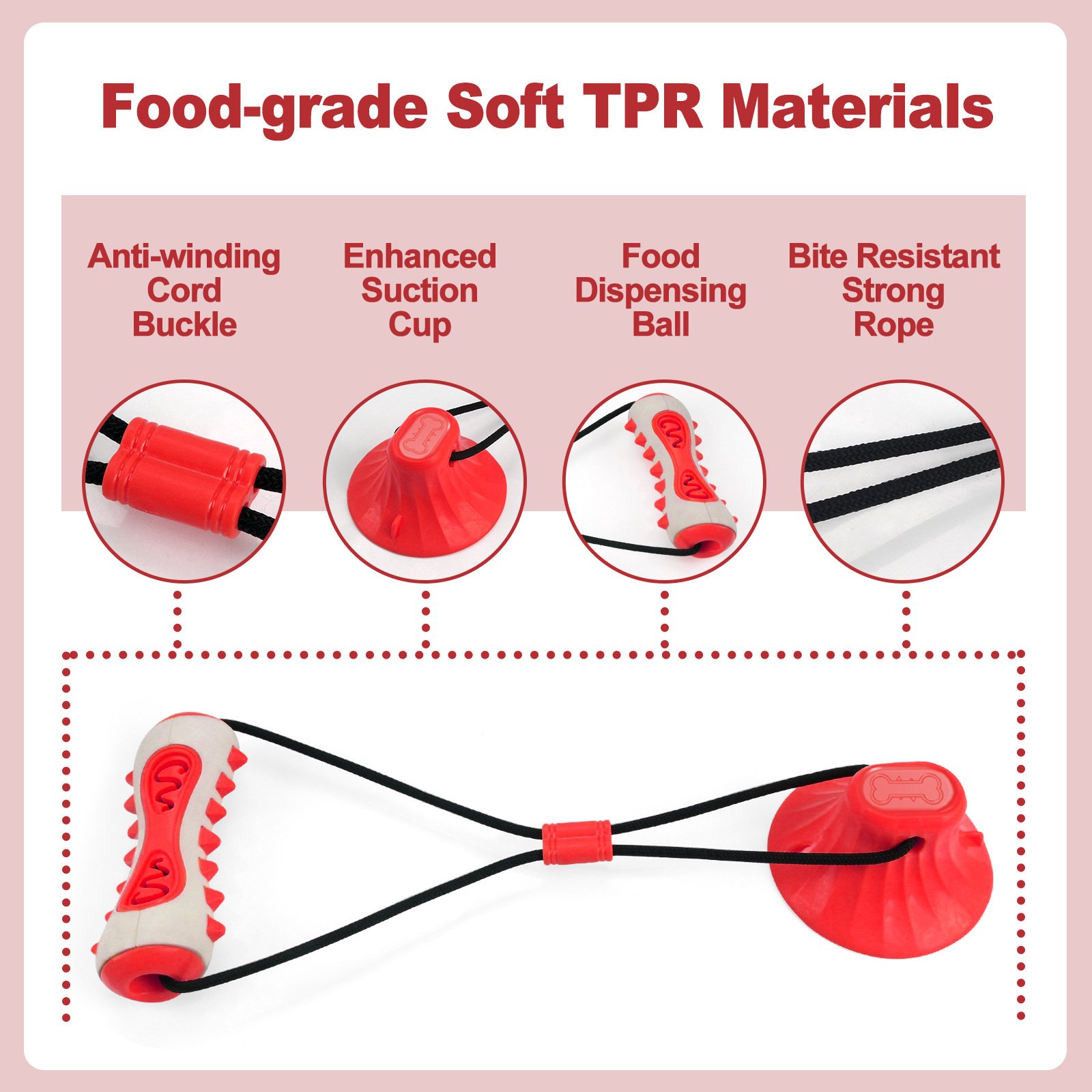 Red Interactive Dog Suction Cup Tug Toy - Durable TPR Chew & Treat Dispenser for Teeth Cleaning & Solo Play - Image 4