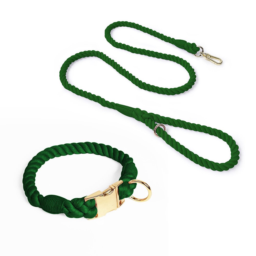 Handmade Gradient Rope Dog Collar & Leash Set - Colorful Braided Cotton (Dark green - Size S)