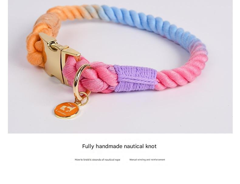 Handmade Gradient Rope Dog Collar & Leash Set - Colorful Braided Cotton (Pink purple - Size M) - Image 3
