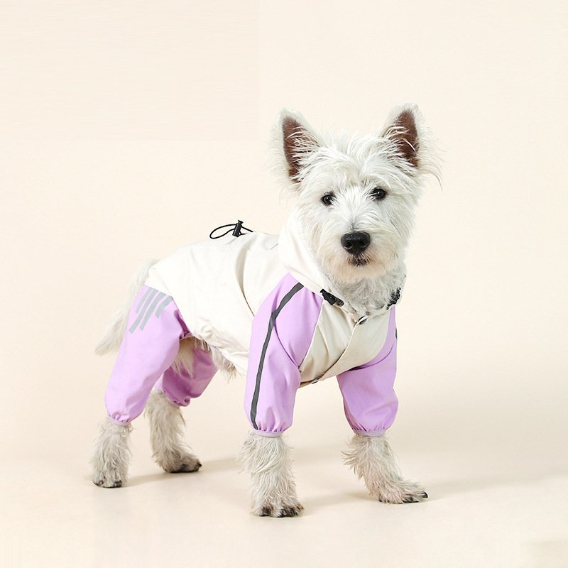 Colorblock (White Purple) Dog Raincoat - Waterproof with Hood and Reflective Strips (Size L)