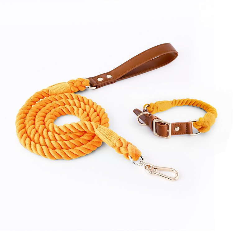 Premium Leather Pet Collar and Leash - Soft, Strong Braided Rope (Honey orange - Size S)