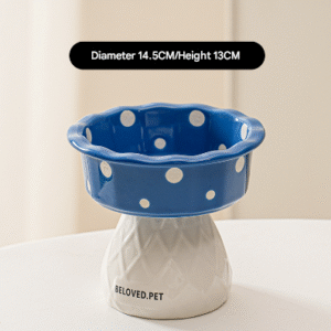 Blue Adorable Mushroom Ceramic Elevated Cat Bowl - Anti-Vomiting & Spine Protecting Pet Feeder with Polka Dots