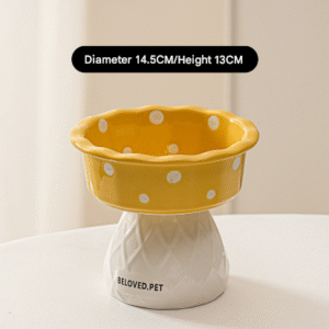 Yellow Adorable Mushroom Ceramic Elevated Cat Bowl - Anti-Vomiting & Spine Protecting Pet Feeder with Polka Dots