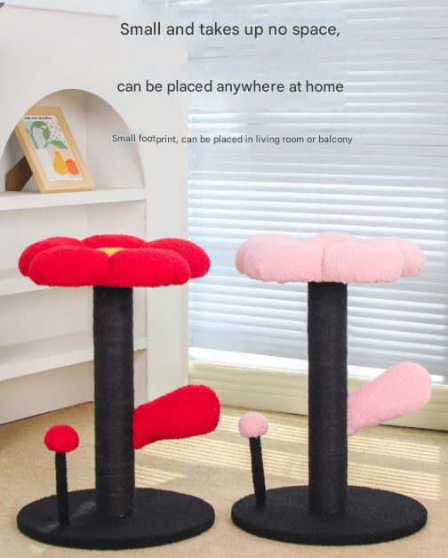 Red and Black Adorable Flower Cat Tree - Plush Perch, Sisal Scratching Post & Spring Ball Toy - Image 2