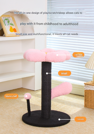 Red and Black Adorable Flower Cat Tree - Plush Perch, Sisal Scratching Post & Spring Ball Toy - Image 3