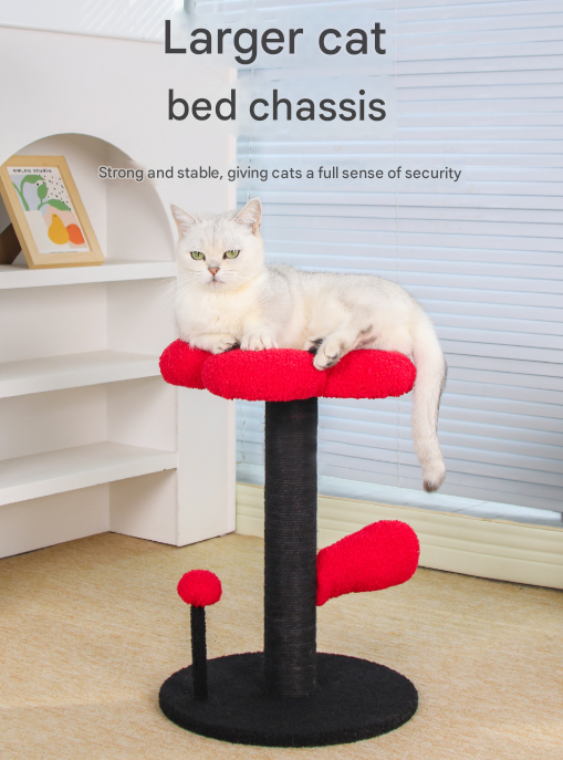 Red and Black Adorable Flower Cat Tree - Plush Perch, Sisal Scratching Post & Spring Ball Toy - Image 5