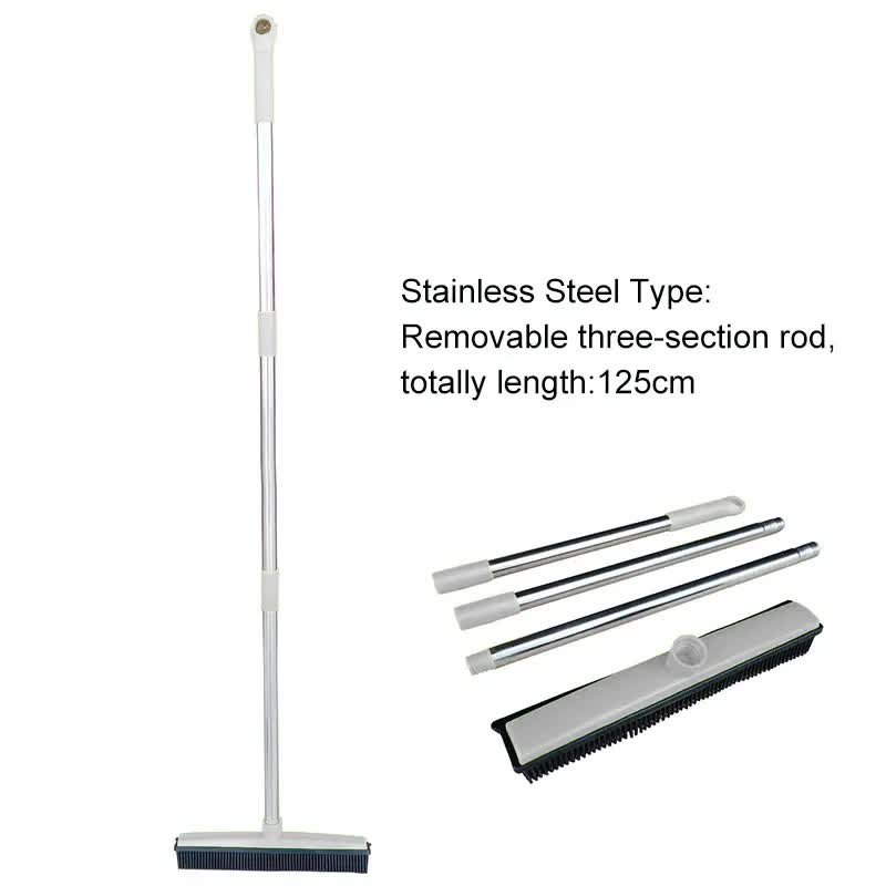 Light Grey and Silver Versatile Pet Hair Remover Rubber Broom & Squeegee - 125cm Adjustable Stainless Steel Handle for Carpets, Floors & Windows