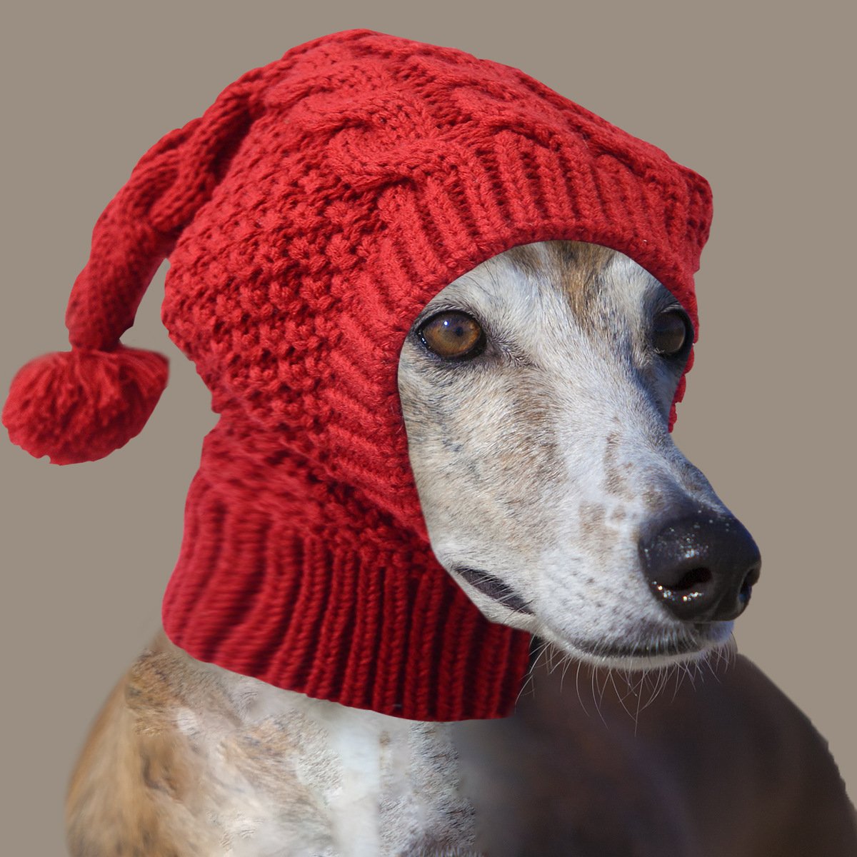 Size S Red Whimsical Knit Dog Hat with Pom-Pom - Cozy Winter Pet Beanie & Snood