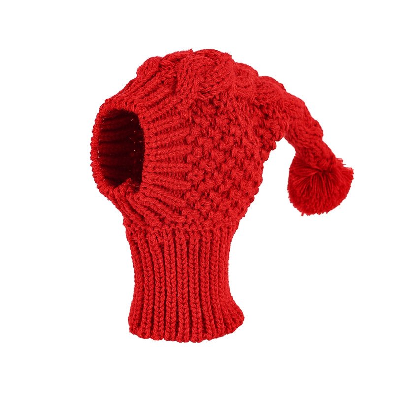 Size S Red Whimsical Knit Dog Hat with Pom-Pom - Cozy Winter Pet Beanie & Snood - Image 2