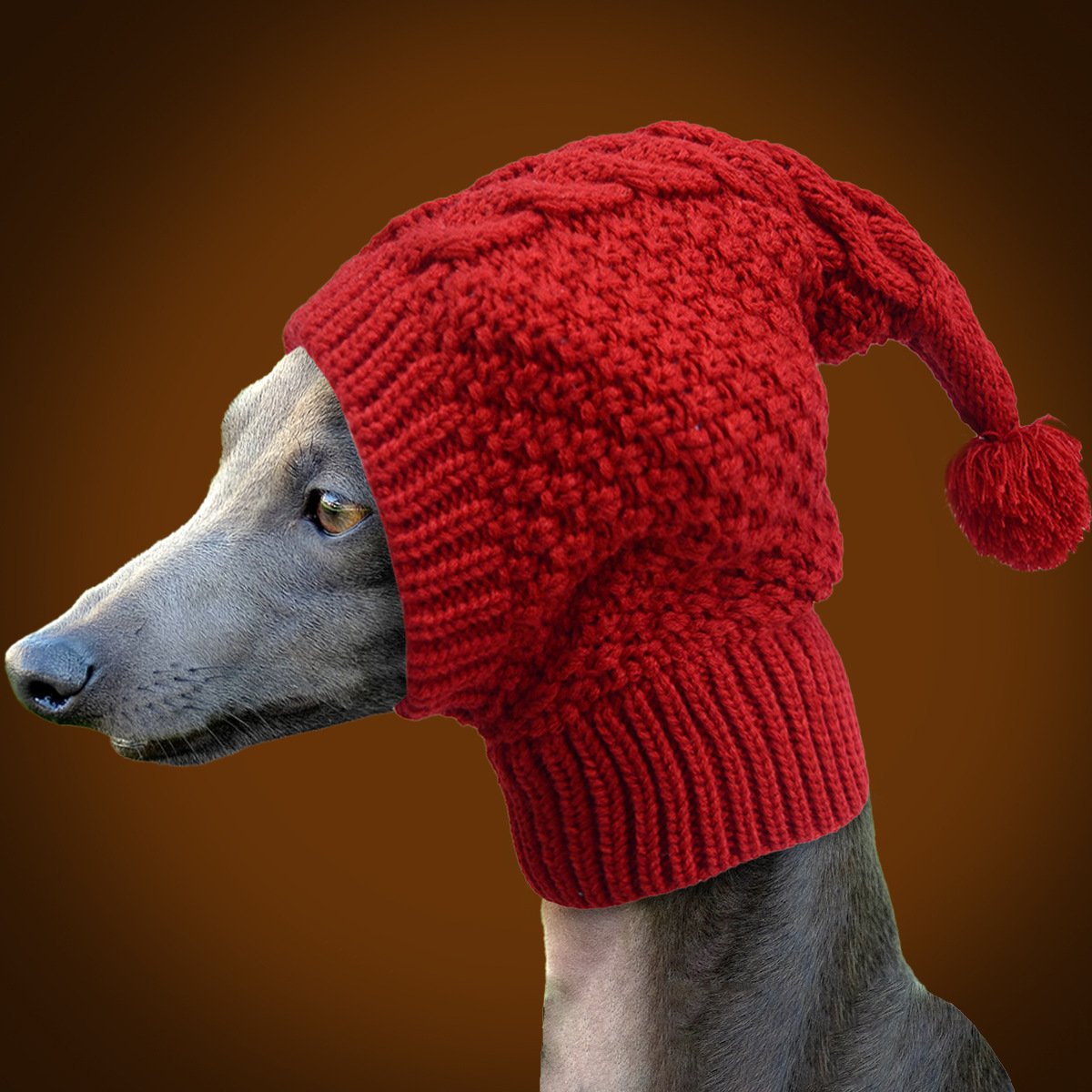 Size S Red Whimsical Knit Dog Hat with Pom-Pom - Cozy Winter Pet Beanie & Snood - Image 3