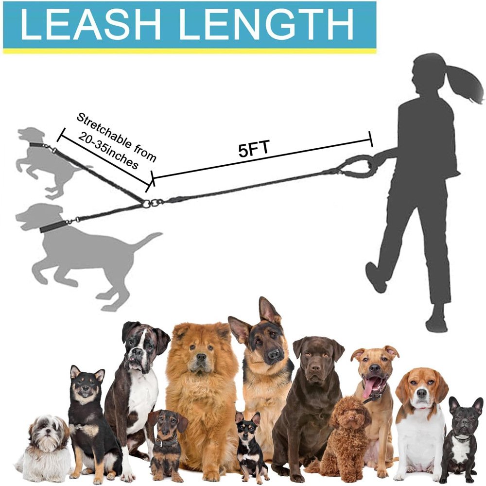 Black 3-in-1 Tangle-Free Dog Leash for 1-3 Dogs - Heavy Duty Bungee Coupler with Reflective Stitching & Padded Handle - Image 2
