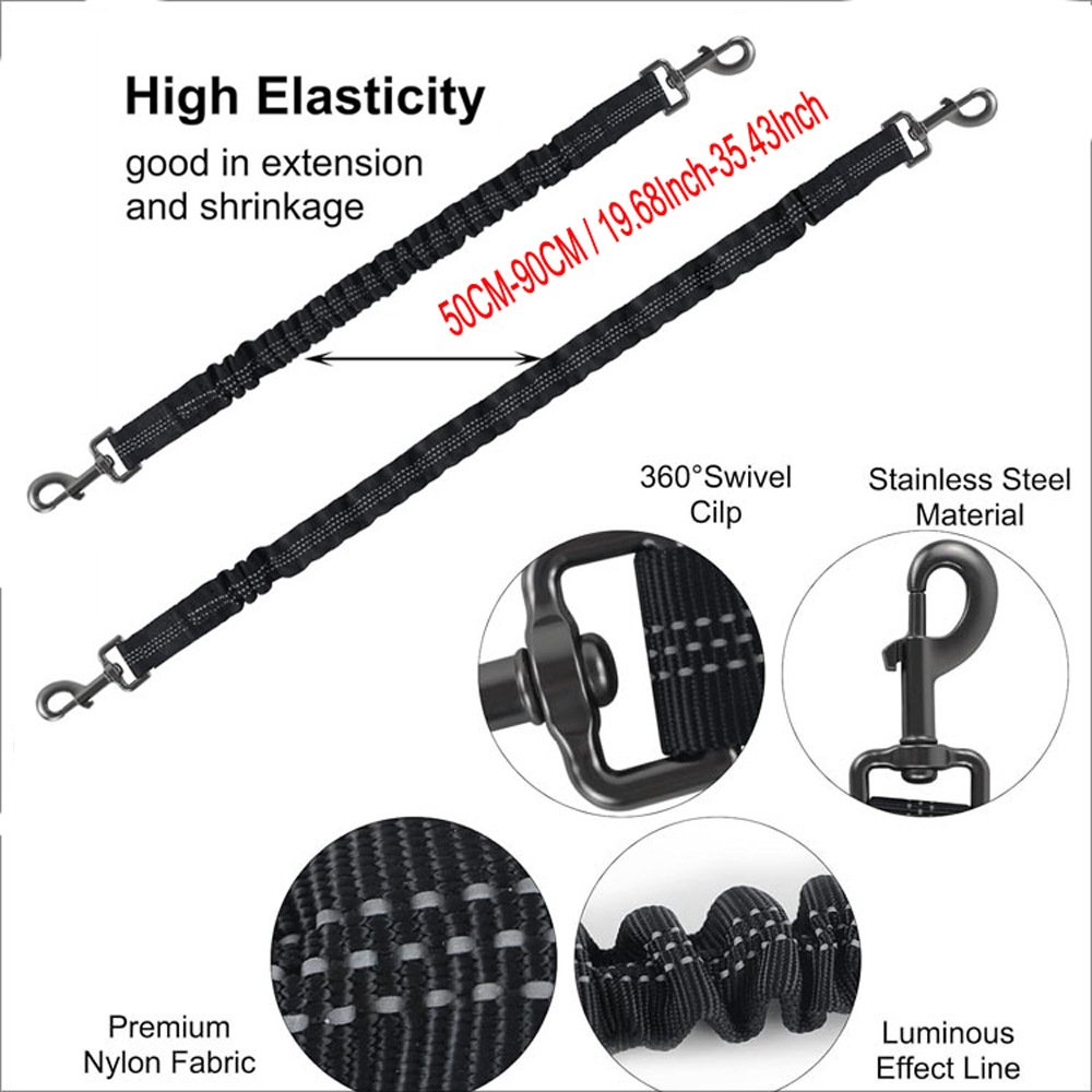 Black 3-in-1 Tangle-Free Dog Leash for 1-3 Dogs - Heavy Duty Bungee Coupler with Reflective Stitching & Padded Handle - Image 6