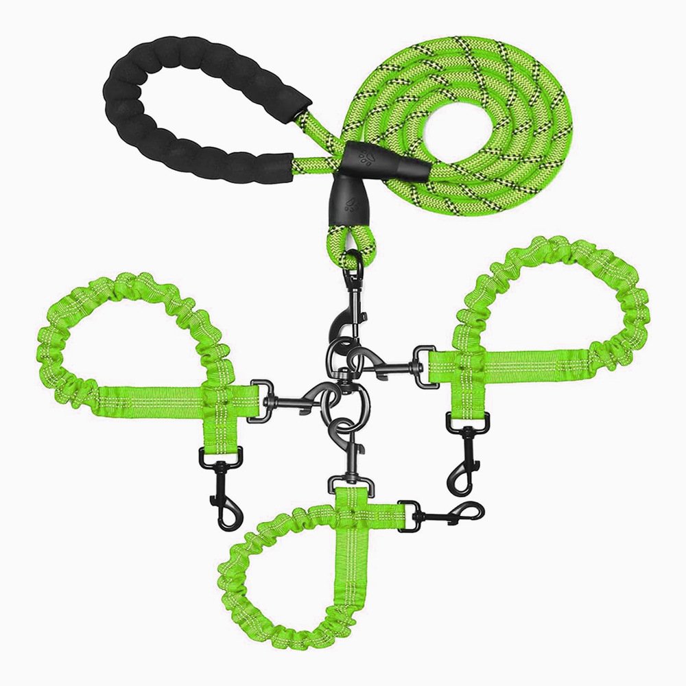 Green 3-in-1 Tangle-Free Dog Leash for 1-3 Dogs - Heavy Duty Bungee Coupler with Reflective Stitching & Padded Handle