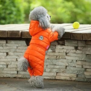 Orange Warm Puffer Dog Coat - Waterproof Four-Legged Winter Jumpsuit for Small Dogs