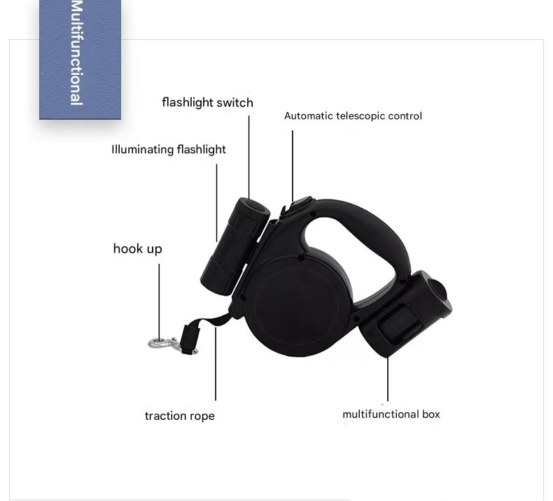 Black 3-in-1 Retractable Dog Leash with LED Flashlight & Poop Bag Dispenser | Heavy Duty Tangle-Free Leash for Safe Night Walks - Image 3