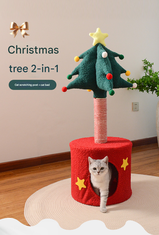 Festive Christmas Tree Cat Scratcher & Condo | 2-in-1 Sisal Post with Cozy Hideaway Bed - Image 2