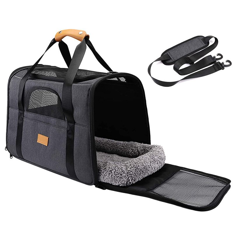 Foldable Soft-Sided Pet Carrier for Travel - Fits Cats & Small Dogs Under 6kg, with Removable Plush Bed & Shoulder Strap(grey) - Image 2