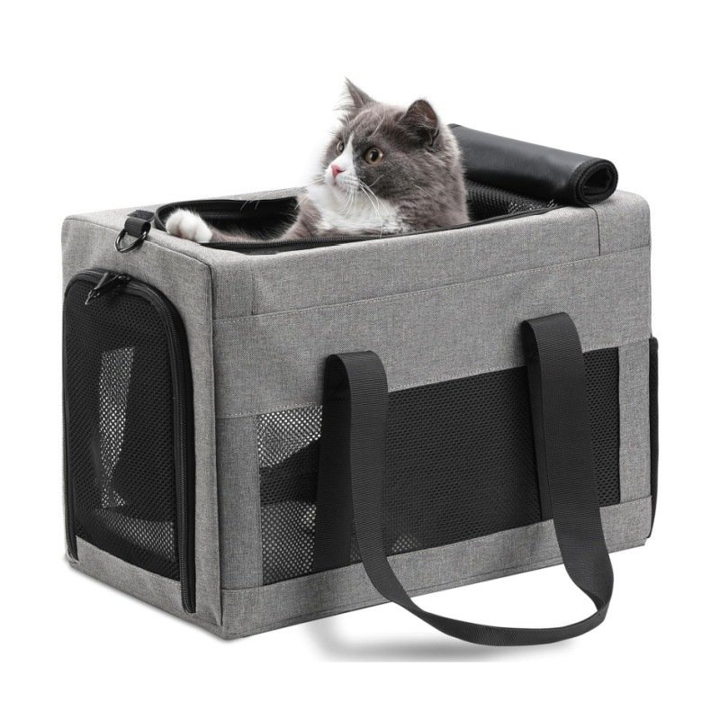 Sturdy & Breathable Pet Carrier for Small Cats & Dogs - Collapsible Travel Bag with Steel Frame, Safety Locks & Sunshade(Grey)