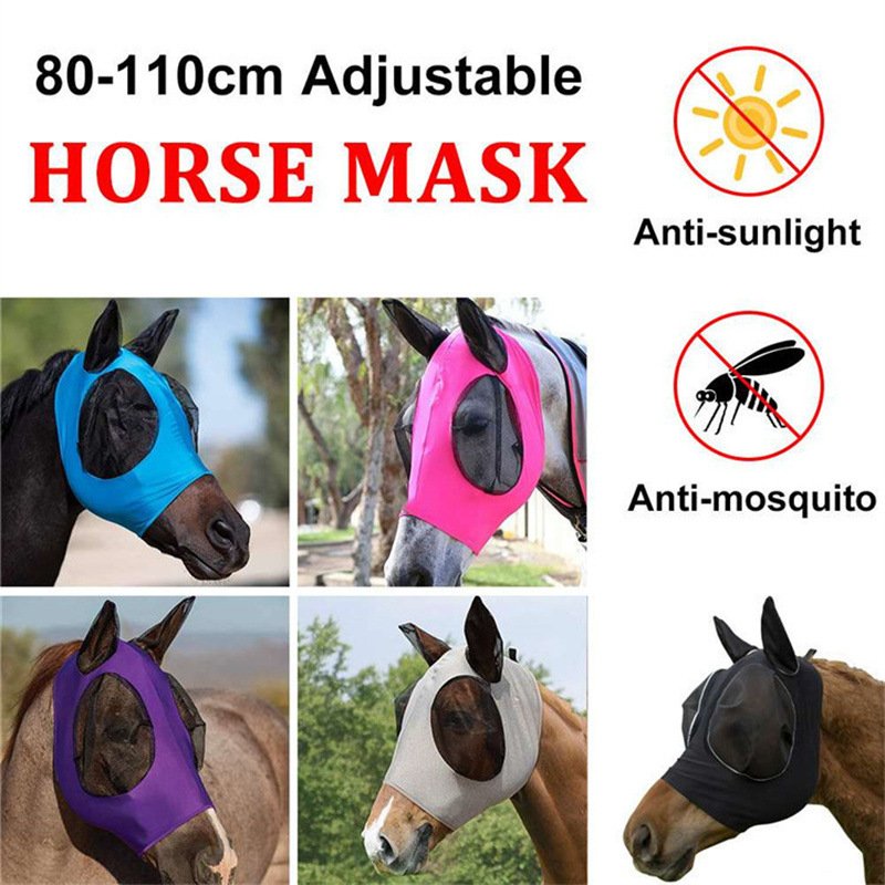 Black 2-PCS Breathable Horse Fly Mask Set - Equestrian Fly Veils with Ears for Insect Control and Comfort - Image 2