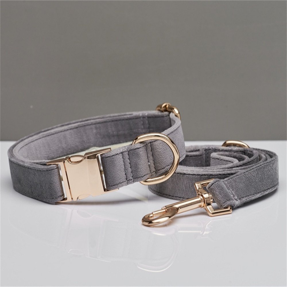 L Grey Luxury Velvet Pet Collar & Leash Set - Engravable Dog Collar with Gold Hardware