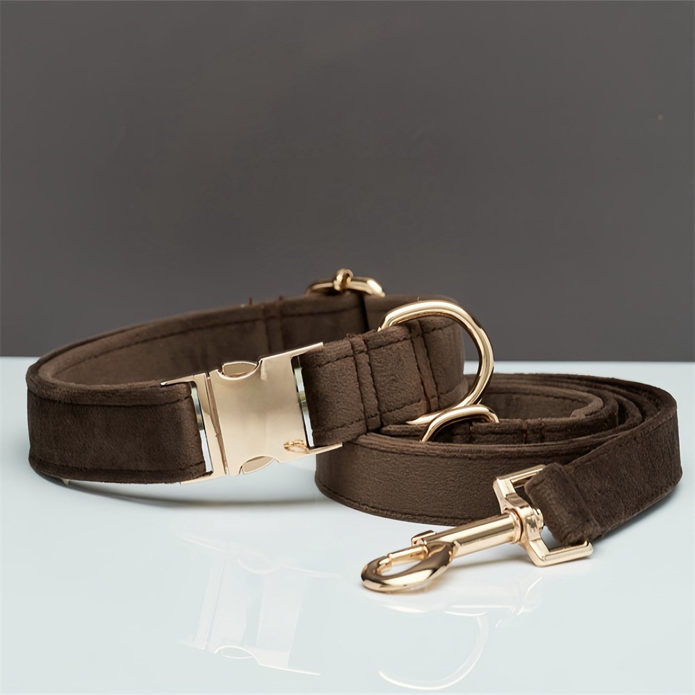 M Brown Luxury Velvet Pet Collar & Leash Set - Engravable Dog Collar with Gold Hardware