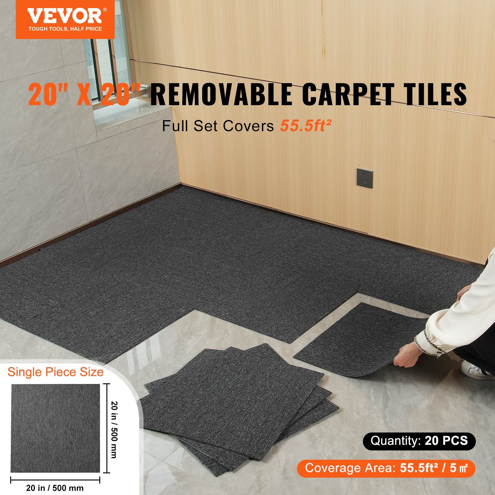 VEVOR Carpet Tiles Reusable, 20"x 20" Carpet Squares With Padding Attached, Soft Padded Carpet Tiles, Easy Install DIY for Bedroom Living Room Indoor Outdoor (20 Tiles, Dark Gray) - Image 2