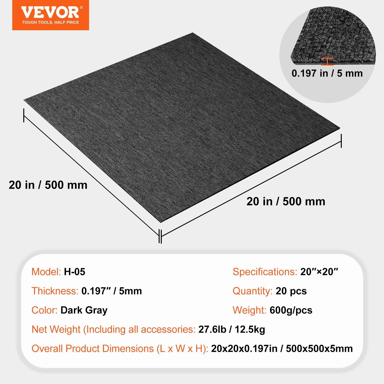 VEVOR Carpet Tiles Reusable, 20"x 20" Carpet Squares With Padding Attached, Soft Padded Carpet Tiles, Easy Install DIY for Bedroom Living Room Indoor Outdoor (20 Tiles, Dark Gray) - Image 7