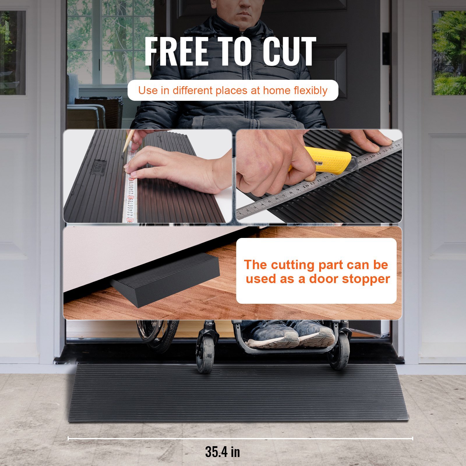 VEVOR 4 cm Rise Cuttable Threshold Ramp for Sweeping Robot, 90 cm Wide Natural Rubber Wheelchair Ramp, Non-Slip Solid Rubber Ramp with Double-Sided Tape for Doorways, Driveways, Bathroom, Smooth Tile - Image 5